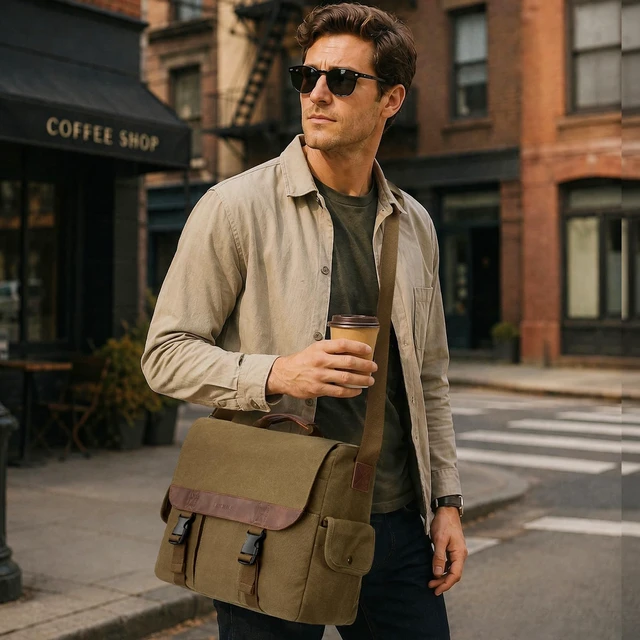 Alt view image 2 of 7 - Messenger Bag for Men, 15.6 Inch Laptop Bag for Work | Water-Resistant Canvas Briefcase with Multiple Compartments, Vintage Computer Satchel Bag for College, Travel, Work, Khaki