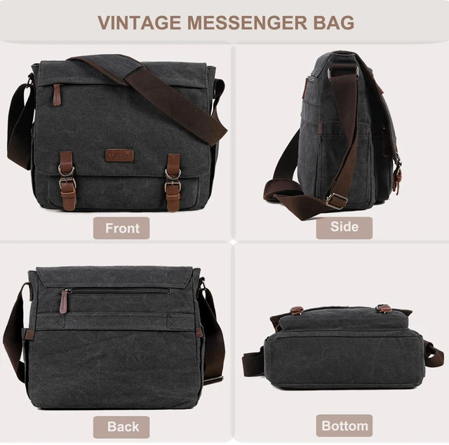 Alt view image 7 of 7 - Vintage Messenger Bag 15.6 Inch Laptop for Men Women, Large Travel Crossbody Shoulder Purse with Luggage Strap,Canvas Briefcase Work Office College (Black-Upgrade)