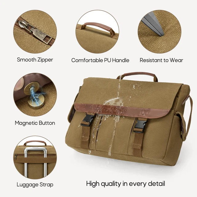 Alt view image 4 of 7 - Messenger Bag for Men, 15.6 Inch Laptop Bag for Work | Water-Resistant Canvas Briefcase with Multiple Compartments, Vintage Computer Satchel Bag for College, Travel, Work, Khaki