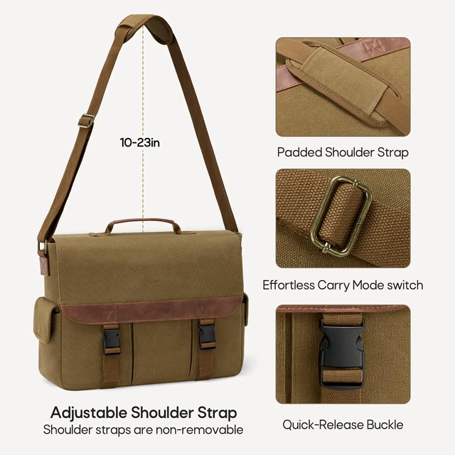 Alt view image 6 of 7 - Messenger Bag for Men, 15.6 Inch Laptop Bag for Work | Water-Resistant Canvas Briefcase with Multiple Compartments, Vintage Computer Satchel Bag for College, Travel, Work, Khaki
