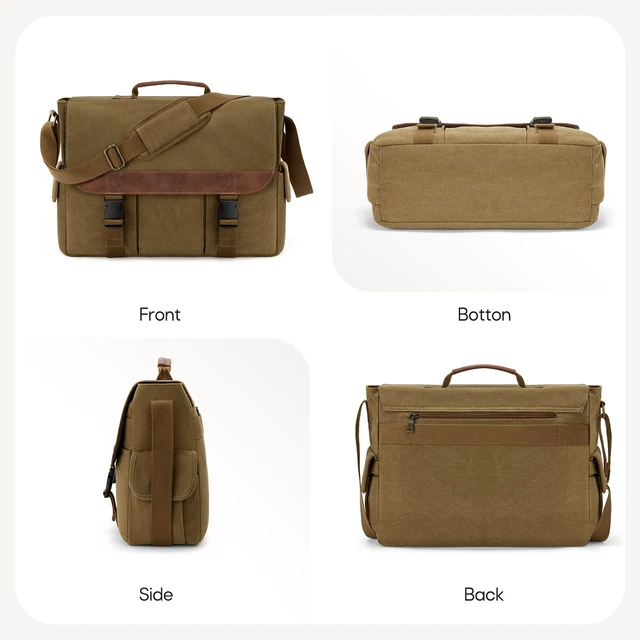 Alt view image 7 of 7 - Messenger Bag for Men, 15.6 Inch Laptop Bag for Work | Water-Resistant Canvas Briefcase with Multiple Compartments, Vintage Computer Satchel Bag for College, Travel, Work, Khaki