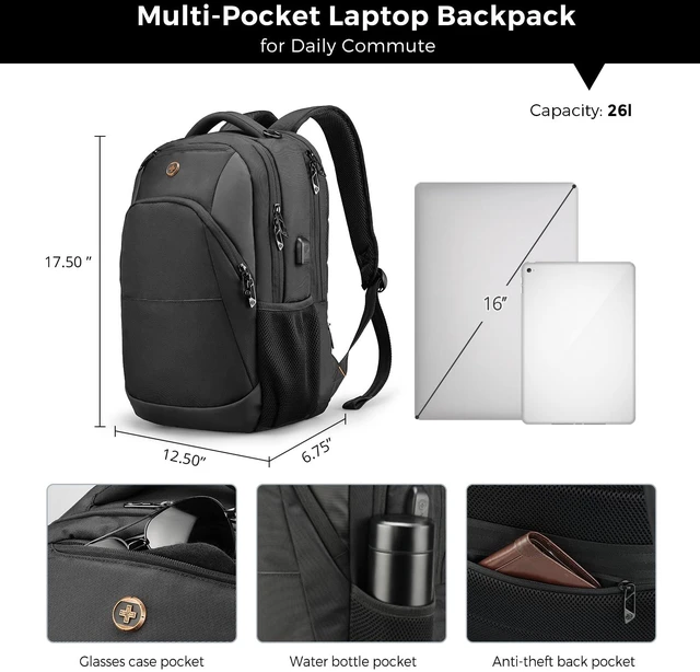 Alt view image 3 of 7 - Design Backpack for Men & Women Fit 16-Inch Computer SD1670-01 | Travel Laptop Backpack, College Bag, Business Bag, with USB Charging Port, RFID Protetion Pocket, Water Bottle, Black, ANDWIL