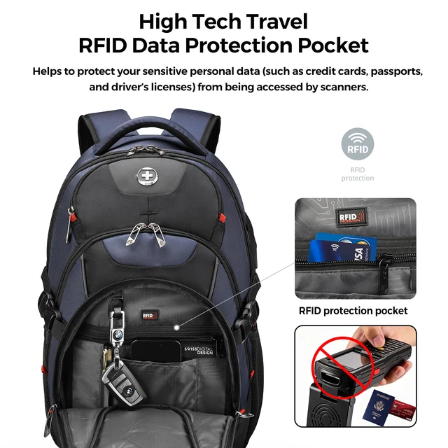 Alt view image 3 of 7 - Design Travel Laptop Backpack for Men with USB SD803-12 | Laptop Backpack31L College School Bag with RFID Protection Pocket Fits 15.6-Inch Computer, Blue/Black