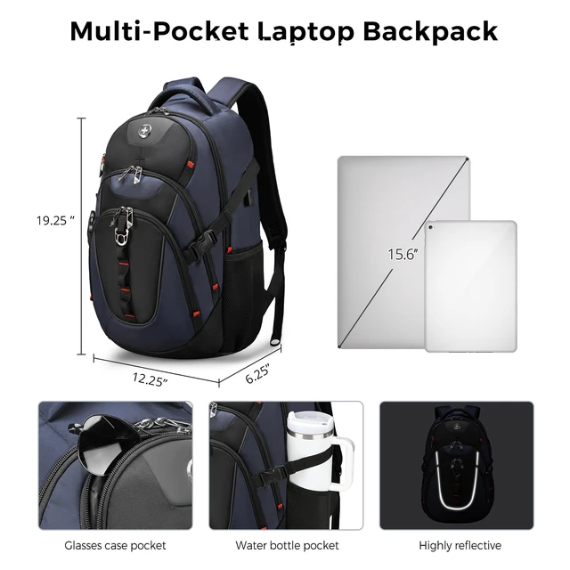 Alt view image 4 of 7 - Design Travel Laptop Backpack for Men with USB SD803-12 | Laptop Backpack31L College School Bag with RFID Protection Pocket Fits 15.6-Inch Computer, Blue/Black