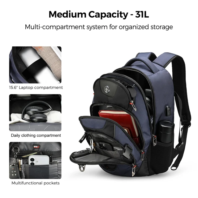 Alt view image 5 of 7 - Design Travel Laptop Backpack for Men with USB SD803-12 | Laptop Backpack31L College School Bag with RFID Protection Pocket Fits 15.6-Inch Computer, Blue/Black