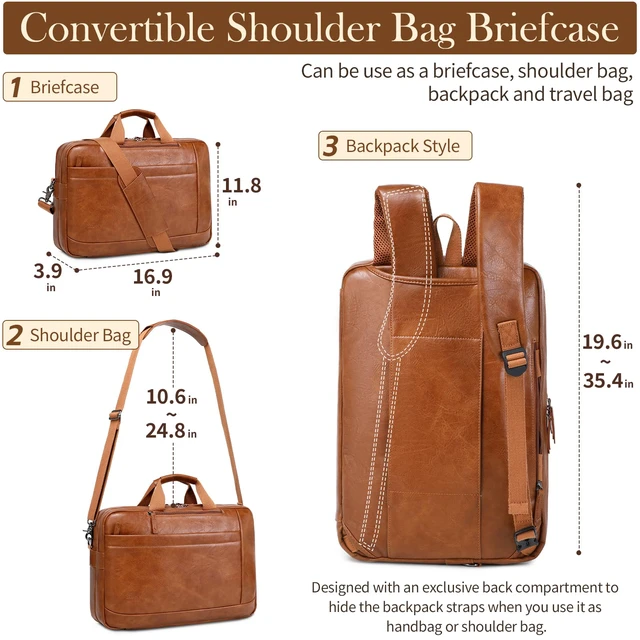 Alt view image 3 of 7 - Faux Leather Messenger Bag for Men | 17-17.3 Inch Leather Mens Laptop Bag Leather Briefcasen Convertible Backpack 3 in 1 Computer Handbags Work Bag Shoulder Crossbody Bag Office | Vintage Brown
