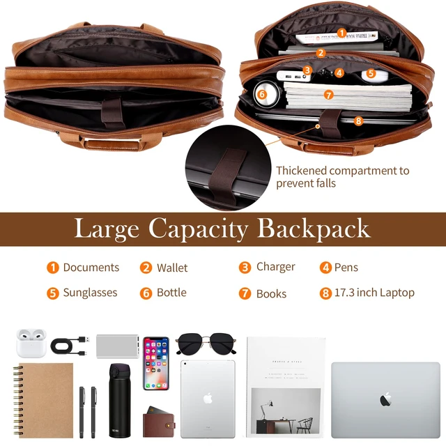 Alt view image 4 of 7 - Faux Leather Messenger Bag for Men | 17-17.3 Inch Leather Mens Laptop Bag Leather Briefcasen Convertible Backpack 3 in 1 Computer Handbags Work Bag Shoulder Crossbody Bag Office | Vintage Brown