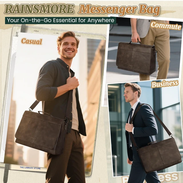 Alt view image 2 of 7 - Vintage Flap Messenger Bag for Men PU Vegan Leather Laptop Bag 15.6 Inch Waterproof Mens Briefcase Retro Computer Bag for Work College Office Travel Satchel Bag Men Wood