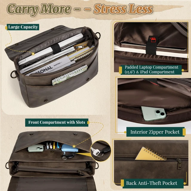Alt view image 3 of 7 - Vintage Flap Messenger Bag for Men PU Vegan Leather Laptop Bag 15.6 Inch Waterproof Mens Briefcase Retro Computer Bag for Work College Office Travel Satchel Bag Men Wood