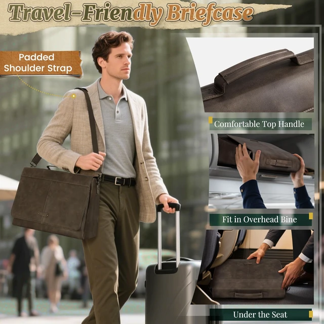 Alt view image 5 of 7 - Vintage Flap Messenger Bag for Men PU Vegan Leather Laptop Bag 15.6 Inch Waterproof Mens Briefcase Retro Computer Bag for Work College Office Travel Satchel Bag Men Wood