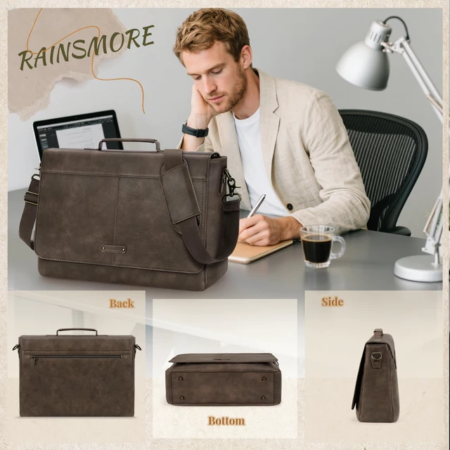 Alt view image 6 of 7 - Vintage Flap Messenger Bag for Men PU Vegan Leather Laptop Bag 15.6 Inch Waterproof Mens Briefcase Retro Computer Bag for Work College Office Travel Satchel Bag Men Wood