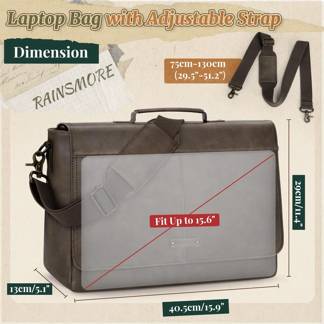 Alt view image 7 of 7 - Vintage Flap Messenger Bag for Men PU Vegan Leather Laptop Bag 15.6 Inch Waterproof Mens Briefcase Retro Computer Bag for Work College Office Travel Satchel Bag Men Wood