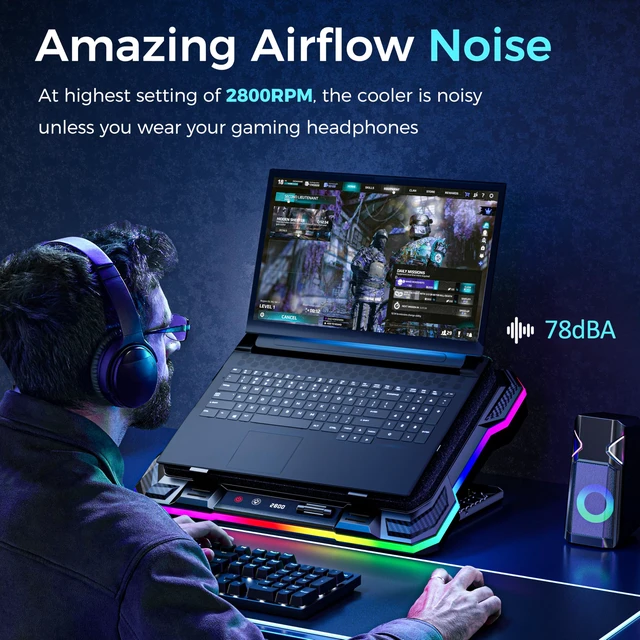 Alt view image 5 of 7 - Laptop Cooling Pad for 15-19 Inch Gaming Laptops, 2800 RPM Fan | Powerful 12V Energy Supply, Extreme High Speed Industrial Fan, 36W Cooler Stand for Heavy Duty Laptops with 4 in 1 HUB
