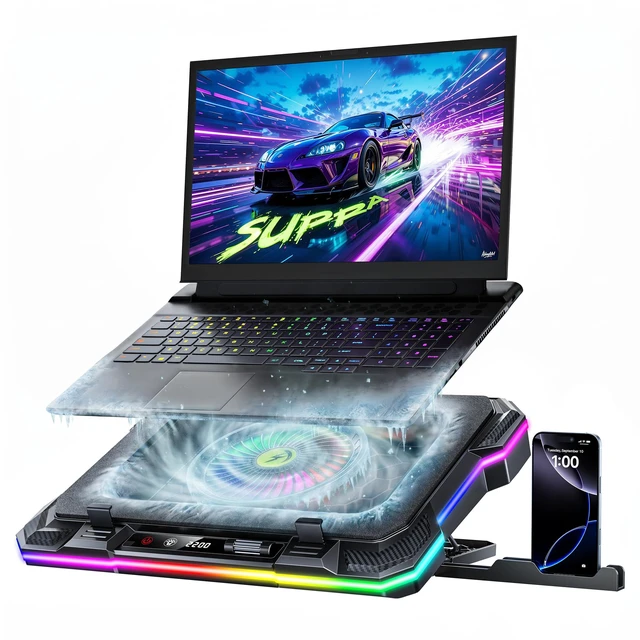 Main image of RGB Laptop Cooling Pad for 15-19 Inch Laptops, Gaming Laptop Cooler with 140mm High Speed Fan (300-2200 RPM), Phone Holder, Black