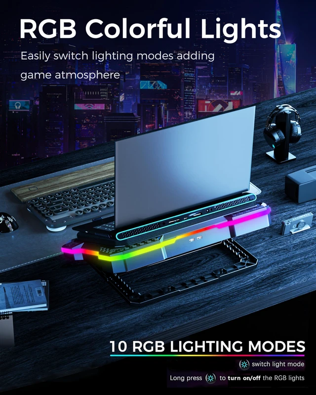 Alt view image 3 of 7 - RGB Laptop Cooling Pad for 15-19 Inch Laptops, Gaming Laptop Cooler with 140mm High Speed Fan (300-2200 RPM), Phone Holder, Black