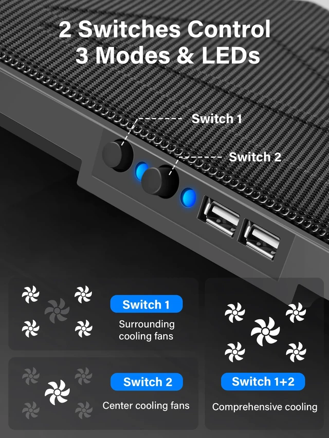 Alt view image 4 of 7 - Laptop Cooling Pad Cooler Stand with 5 Quiet Fans for 12"-17" Laptop | 5 Quiet & HighPerformance Laptop Fan for 360° Full Coverage, USBPowered, 2 Extra USB Hubs, 6 Adjustable Height, Blue LED