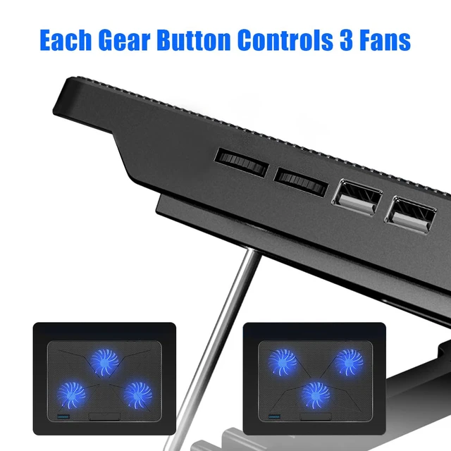 Alt view image 3 of 7 - Laptop Cooling Pad, Laptop Cooler with 6 Quiet Fans for 12-17 Inch Notebook Gaming Fan Stable Stand, 7 Height & Wind Speed Adjustable, 2 USB Port & Phone Holder (Black)