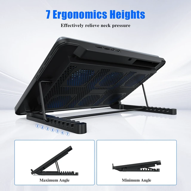 Alt view image 6 of 7 - Laptop Cooling Pad, Laptop Cooler with 6 Quiet Fans for 12-17 Inch Notebook Gaming Fan Stable Stand, 7 Height & Wind Speed Adjustable, 2 USB Port & Phone Holder (Black)