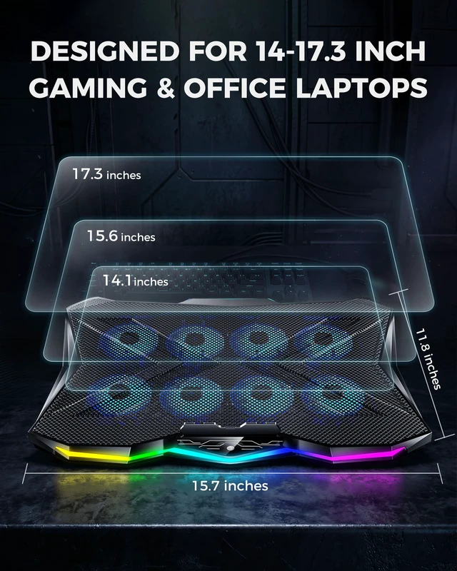 Alt view image 7 of 7 - RGB Laptop Cooling Pad 8 Fans for 15.6-17.3 Inch PC Notebooks | RGB Cool Lights, Ergonomic 7 Height Slots, Metal Mesh, 2 USB Ports, Perfect for Reducing Temperature of Laptop