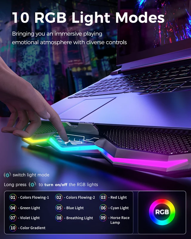 Alt view image 3 of 7 - RGB Laptop Cooling Pad 8 Fans for 15.6-17.3 Inch PC Notebooks | RGB Cool Lights, Ergonomic 7 Height Slots, Metal Mesh, 2 USB Ports, Perfect for Reducing Temperature of Laptop