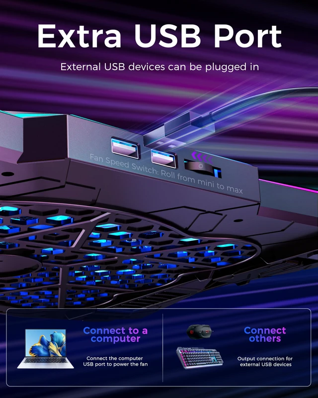 Alt view image 4 of 7 - RGB Laptop Cooling Pad 8 Fans for 15.6-17.3 Inch PC Notebooks | RGB Cool Lights, Ergonomic 7 Height Slots, Metal Mesh, 2 USB Ports, Perfect for Reducing Temperature of Laptop