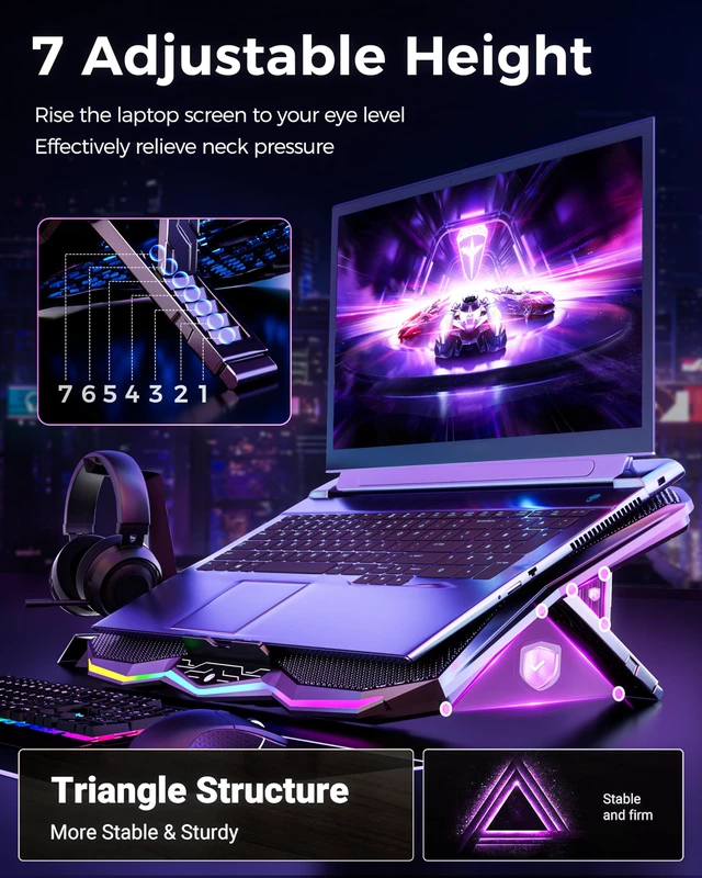 Alt view image 5 of 7 - RGB Laptop Cooling Pad 8 Fans for 15.6-17.3 Inch PC Notebooks | RGB Cool Lights, Ergonomic 7 Height Slots, Metal Mesh, 2 USB Ports, Perfect for Reducing Temperature of Laptop
