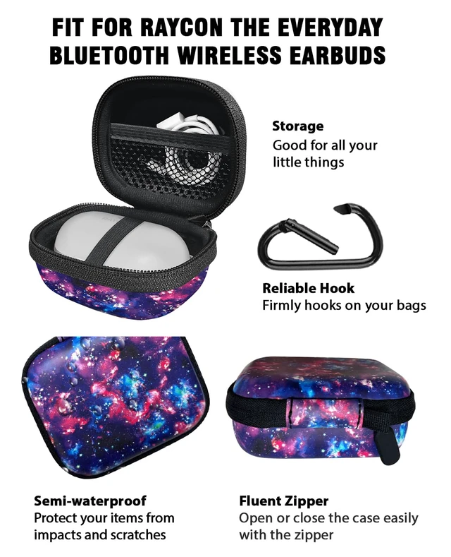 Alt view image 4 of 6 - Portable Wireless Headphone Case, Earphone Storage Bag Carrying Case, Earbud Holder with Carabiner Compatible with Raycon Fitness Bluetooth True Wireless Earbuds - Purple Nebula Galaxy