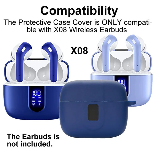 Alt view image 2 of 7 - Earbuds Case Compatible with TAGRY X08 Wireless Headphone, Silicon Protective Cover with Keychain, with Window for LED Display, Blue