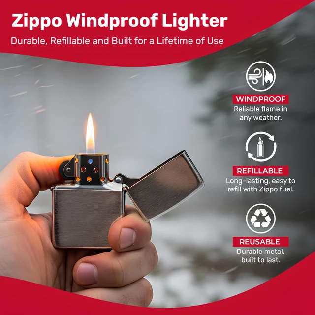 Alt view image 2 of 7 - Classic Brushed Chrome Pocket Lighter - Windproof & Refillable Flip-Top Metal Lighter - Everyday Use Pocket Lighters - Luxury Lighters Made in USA