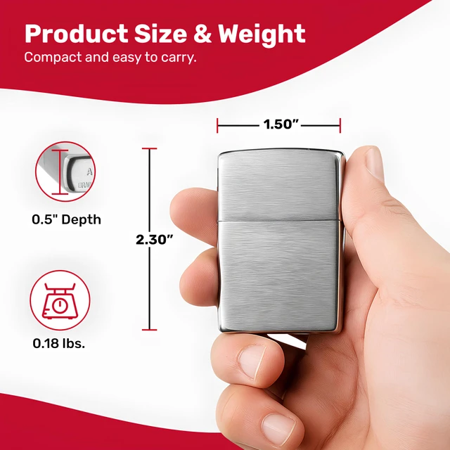 Alt view image 3 of 7 - Classic Brushed Chrome Pocket Lighter - Windproof & Refillable Flip-Top Metal Lighter - Everyday Use Pocket Lighters - Luxury Lighters Made in USA