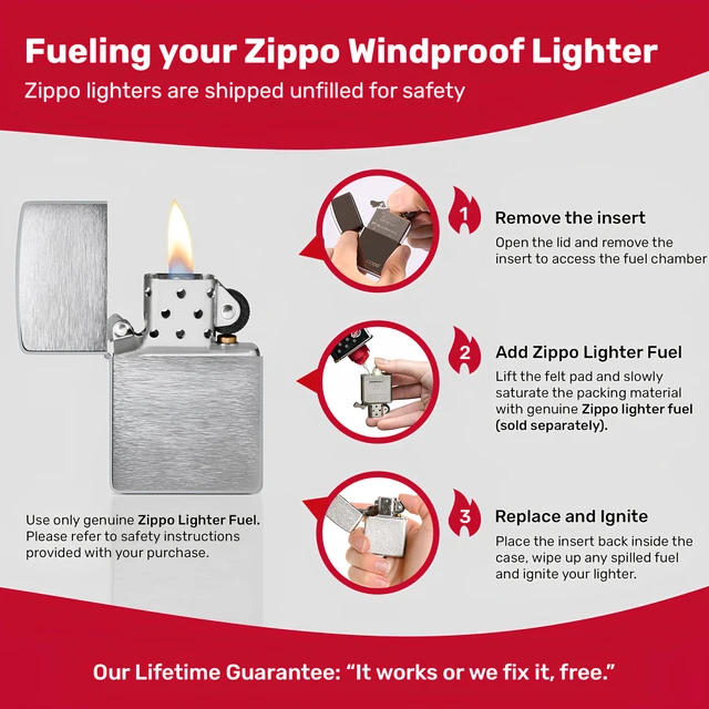 Alt view image 7 of 7 - Classic Brushed Chrome Pocket Lighter - Windproof & Refillable Flip-Top Metal Lighter - Everyday Use Pocket Lighters - Luxury Lighters Made in USA