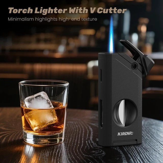 Alt view image 2 of 7 - All-in-one Torch Lighter, with Portable Design, V Shape Shear, Holder, Adjustable Flame, Multi-Functional Lighter Accessories, Refillable Butane Lighter, Candles, Gift for Men, Outdoors (Without Gas)