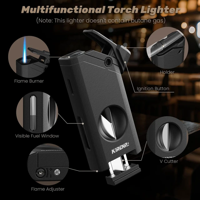 Alt view image 3 of 7 - All-in-one Torch Lighter, with Portable Design, V Shape Shear, Holder, Adjustable Flame, Multi-Functional Lighter Accessories, Refillable Butane Lighter, Candles, Gift for Men, Outdoors (Without Gas)
