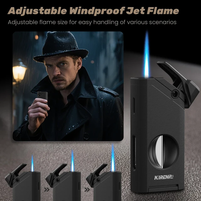 Alt view image 6 of 7 - All-in-one Torch Lighter, with Portable Design, V Shape Shear, Holder, Adjustable Flame, Multi-Functional Lighter Accessories, Refillable Butane Lighter, Candles, Gift for Men, Outdoors (Without Gas)