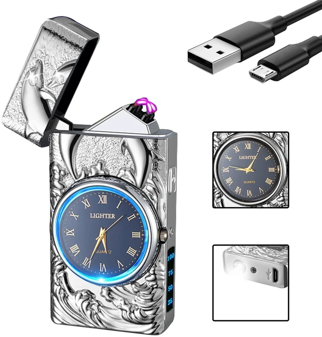 Main image of Electric Lighters Rechargeable USB Cool Lighters Vintage Design Plasma Lighter with 3D Dolphin Clock LED Light for Camping Giving (Silver)