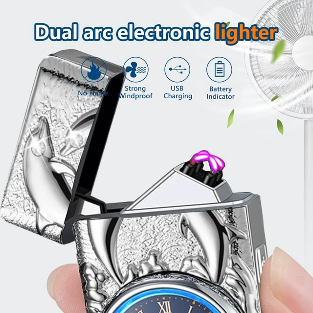 Alt view image 2 of 7 - Electric Lighters Rechargeable USB Cool Lighters Vintage Design Plasma Lighter with 3D Dolphin Clock LED Light for Camping Giving (Silver)