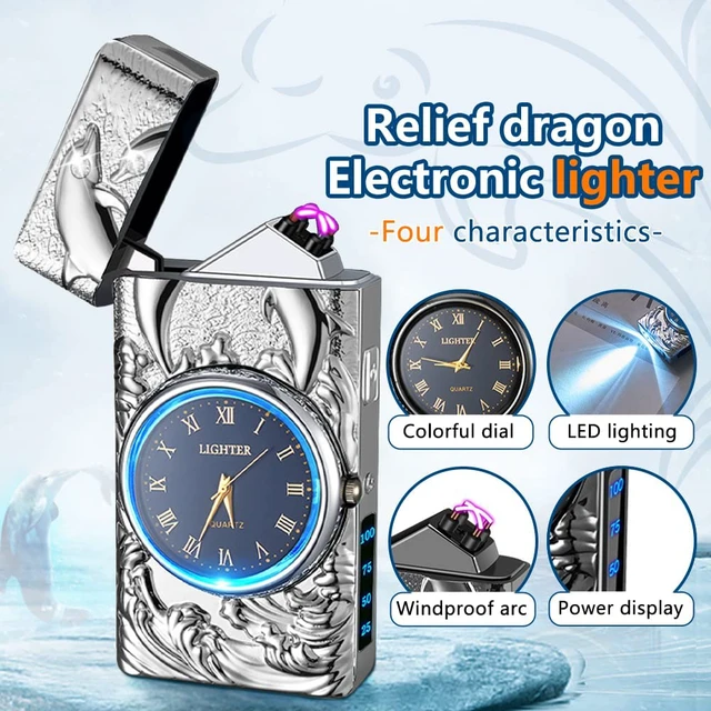 Alt view image 3 of 7 - Electric Lighters Rechargeable USB Cool Lighters Vintage Design Plasma Lighter with 3D Dolphin Clock LED Light for Camping Giving (Silver)