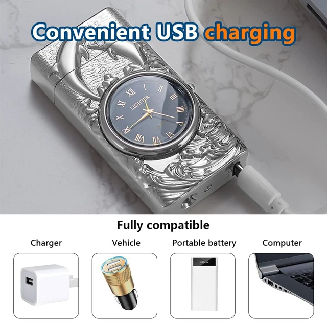 Alt view image 5 of 7 - Electric Lighters Rechargeable USB Cool Lighters Vintage Design Plasma Lighter with 3D Dolphin Clock LED Light for Camping Giving (Silver)