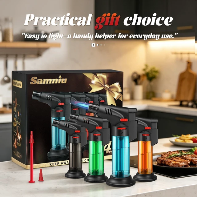 Alt view image 5 of 7 - 4 Pack of Torch Lighter, Jet Flame, Butane gas, Mini Refillable Windproof Lighters, for candle, fireplace, grill (Gas not Included)