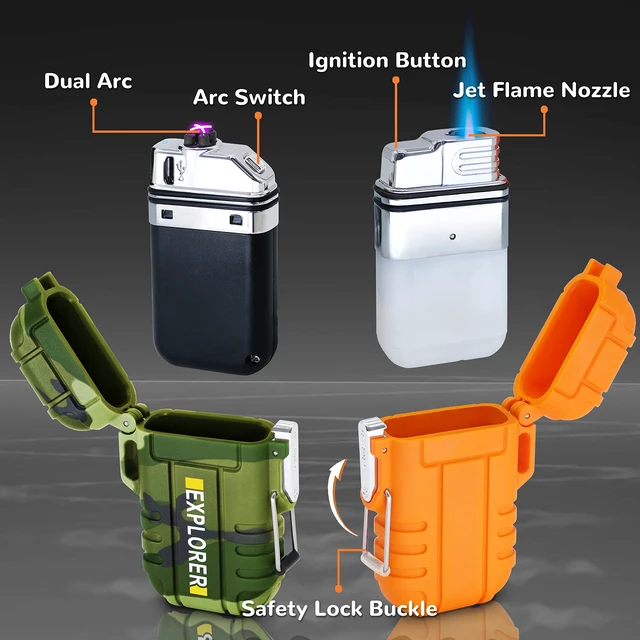 Alt view image 4 of 6 - 4 Pack Waterproof Lighter Outdoor Windproof Torch Lighters Dual Arc Lighters Butane Electric USB Rechargeable Flameless Plasma Lighter Camping Hiking Adventure Survival Tactical Gear