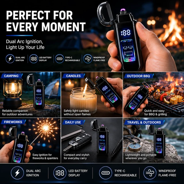 Alt view image 7 of 7 - Electric Lighter, USB Rechargeable Windproof Dual Arc Lighter, Small Flameless Plasma Lighters for Outdoor, Camping, Kitchen,Boyfriends Father,Grill,Gifts,Candle,Indoors-Black A