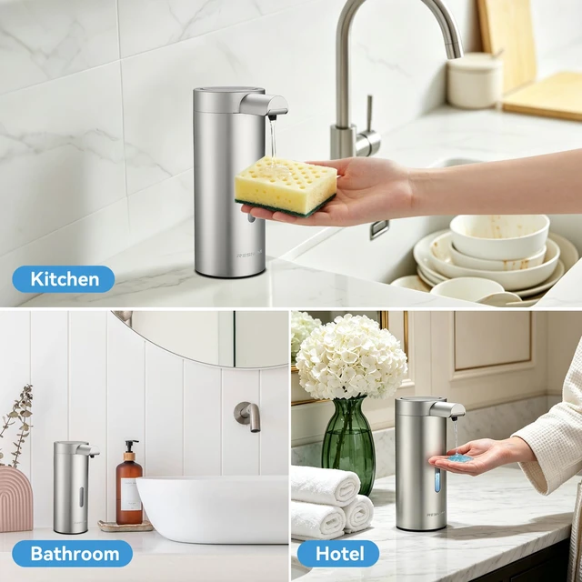 Alt view image 4 of 4 - Automatic Liquid Soap Dispenser Touchless, Stainless Steel, Rechargeable | 11.8oz/350ml, IPX5 Waterproof, 3 Adjustable Dispensing Modes, Auto-clean,Hand Soap, Dish soap Dispenser for Kitchen Bathroom