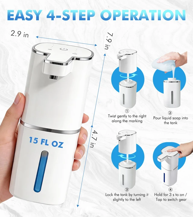 Alt view image 2 of 7 - Automatic Soap Dispenser Touchless, 2 Pack White Auto Soap Dispensers for Bathroom and Kitchen, 15 Fl Oz Plastic Electric Hands Free Dish Liquid Dispensers Wall Mount with 1200 mAh Battery