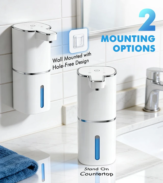 Alt view image 6 of 7 - Automatic Soap Dispenser Touchless, 2 Pack White Auto Soap Dispensers for Bathroom and Kitchen, 15 Fl Oz Plastic Electric Hands Free Dish Liquid Dispensers Wall Mount with 1200 mAh Battery