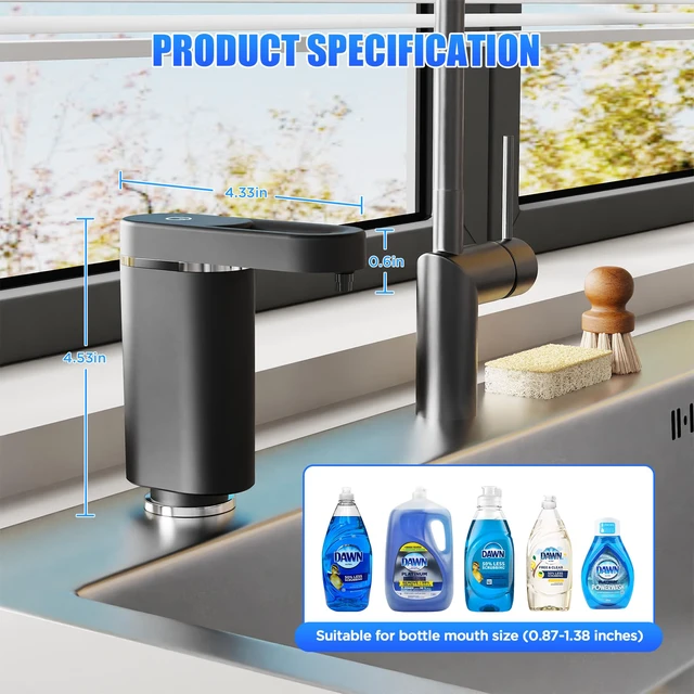 Alt view image 7 of 7 - Touch-Free Automatic Dish Soap Dispenser for Kitchen Sink | Plug-in Electric Sink Soap Pump,Leak-Proof Universal Fit with 35" No-Spill Tube Kit, Easy Install Sleek for kitchen& bathroom
