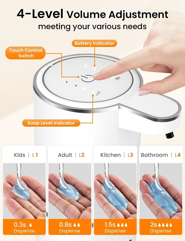 Alt view image 4 of 7 - Automatic Soap Dispenser Touchless, USB Rechargeable Hand Soap Dispenser, 4 Adjustable Soap Levels, IPX5 Waterproof, 12.8oz/380ml, Countertop or Wall Mounted for Bathroom and Kitchen, White