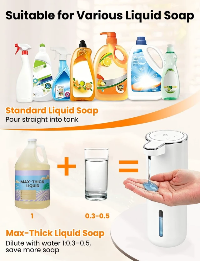 Alt view image 7 of 7 - Automatic Soap Dispenser Touchless, USB Rechargeable Hand Soap Dispenser, 4 Adjustable Soap Levels, IPX5 Waterproof, 12.8oz/380ml, Countertop or Wall Mounted for Bathroom and Kitchen, White
