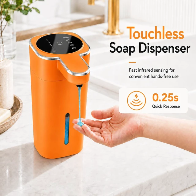 Alt view image 2 of 7 - Automatic Liquid Soap Dispenser Touchless, USB Rechargeable (Orange) | 14.2 oz Automatic Soap Dispenser, 4 Adjustable Levels, Touchless Hand Soap Dispenser for Bathroom and Kitchen Sink