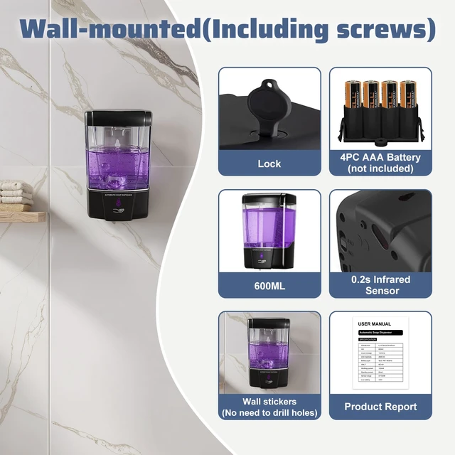 Alt view image 3 of 7 - 4 Pack Automatic Soap Dispenser Wall Mount,Touchless Liquid Soap Dispenser,Battery Operated,600 ml / 20 oz Commercial Hand Detergent Dispenser for Office Home Kitchen School Bathroom Hotel Restaurant