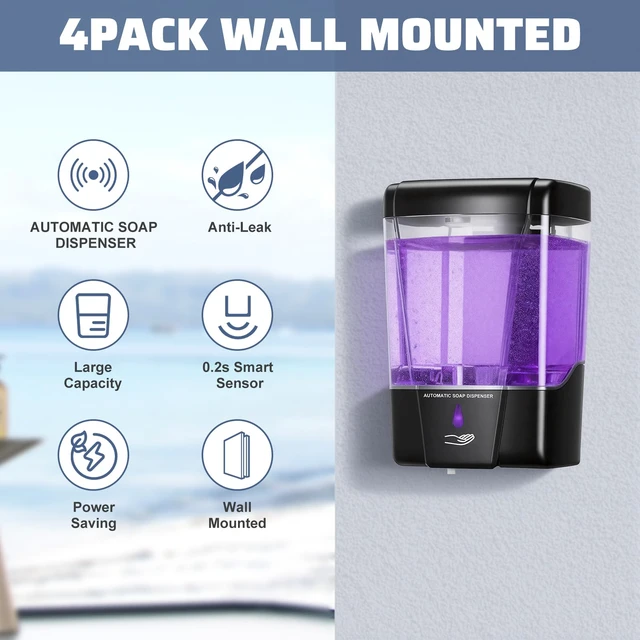 Alt view image 5 of 7 - 4 Pack Automatic Soap Dispenser Wall Mount,Touchless Liquid Soap Dispenser,Battery Operated,600 ml / 20 oz Commercial Hand Detergent Dispenser for Office Home Kitchen School Bathroom Hotel Restaurant
